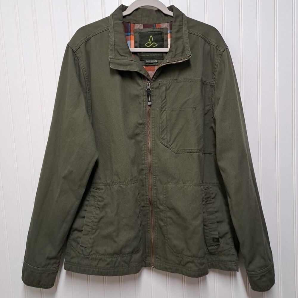 Prana Rawkus Jacket Mens XL Olive Green Cotton Canvas Fleece Lined Field Chore